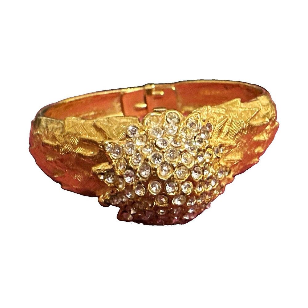 VTG 1980s Spatz Hidden Face Watch Bracelet Gold Tone Rhinestone Peekaboo Bangle